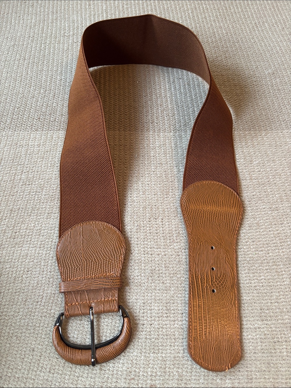 Wide Brown Elastic Women's Belt with Textured Trim